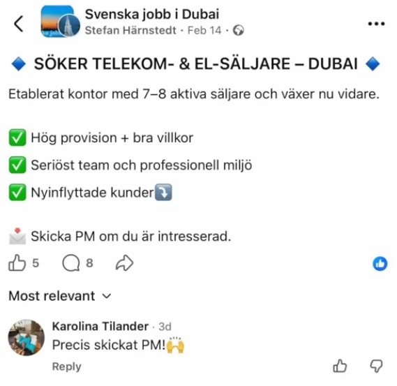 söker telekom & el säljare dubai